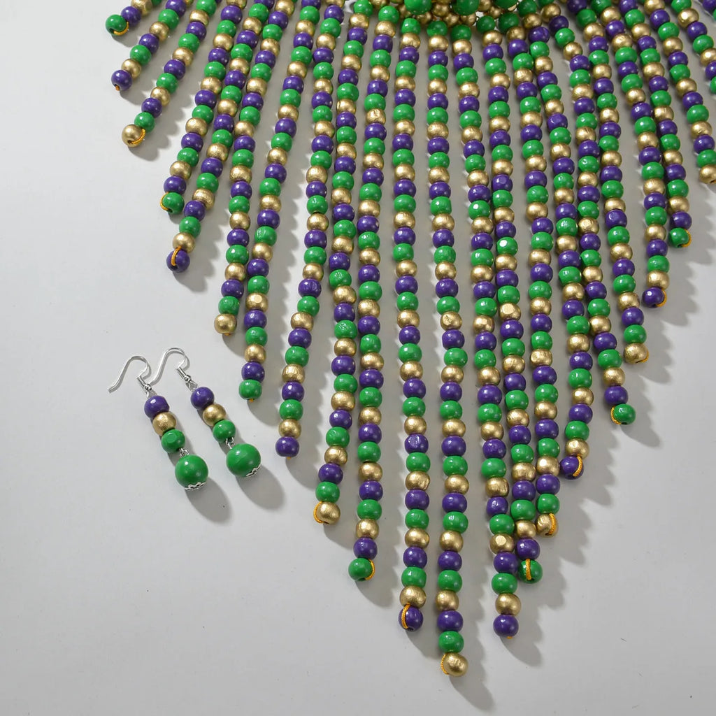 African Jewelry Set Bohemian Retro Ethnic Handmade Wooden Woven Beaded Statement Necklace and Earrings Women's Party Accessories