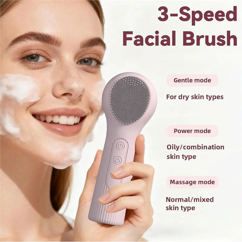 B15C Waterproof Electric Facial Cleansing Brush, 2-In-1 Silicone Face Scrubber Featuring Heat Massage Function For Women