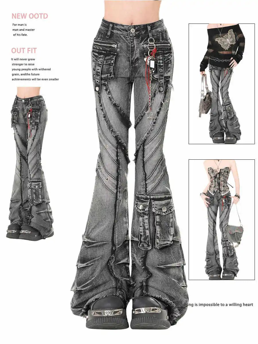 Women's Denim Pants Dark Academia Cargo Jean Flared Bell Bottom Designer Kpop Japanese 2026 Autumn Winter Y2k 2000s Goblin Core