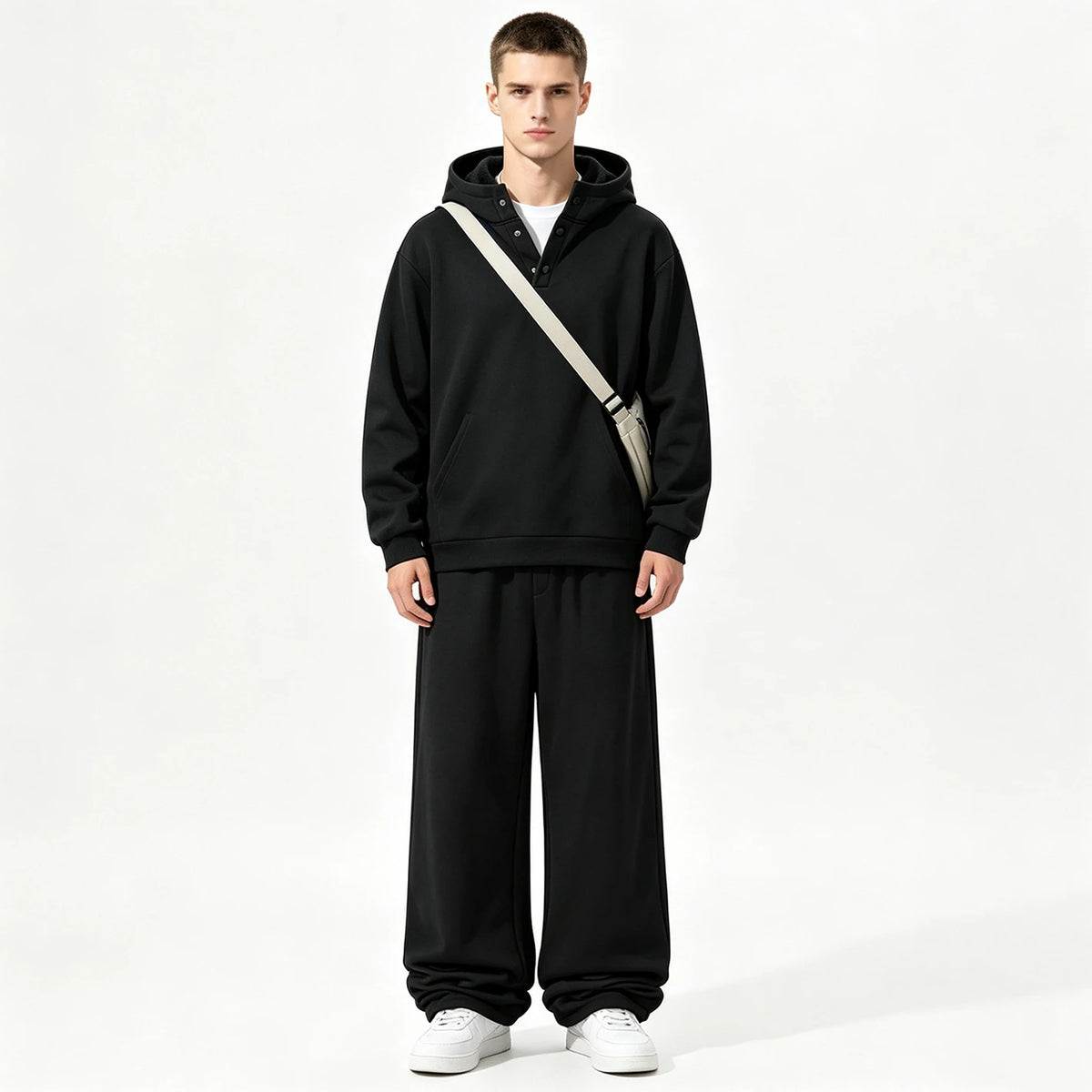 Men Fleece Lined Tracksuit 2‑Piece Set Henley Button Hoodie Sweatshirt Wide Leg Sweatpants Casual Warm Outfit 3 Colors Available