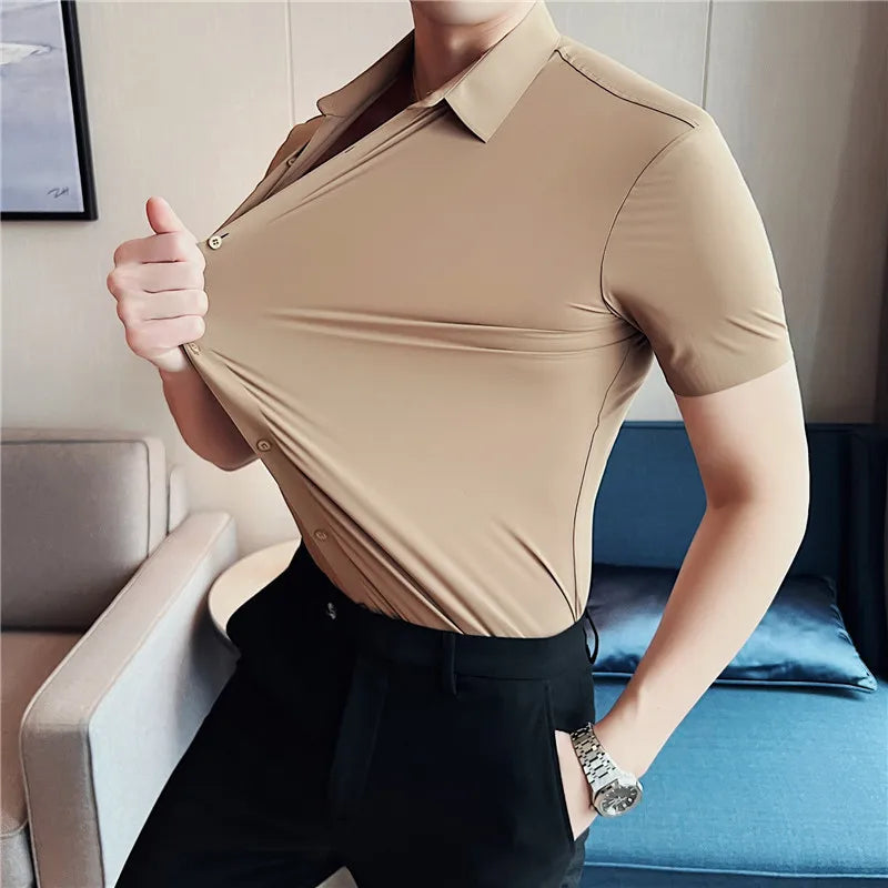 Men's Ultra Stretch Seamless Long Sleeve Shirt Top Quality Business Casual Breathable Stretchable Solid Color Formal Dress Shirt