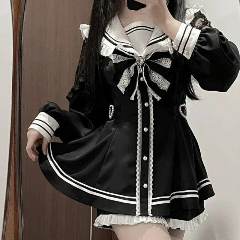 Gothic Lolita Two Piece Set with Bow, Y2K Aesthetic Flare Sleeve Mini Dress, Japanese Punk Style Party Co-ord Outfit