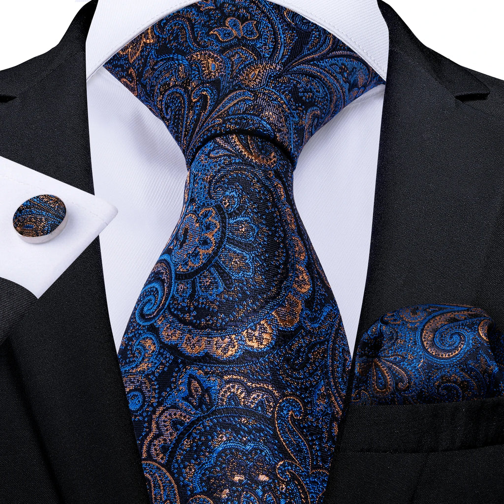 8cm Men's Polyester Ties Pocket Square Cufflinks Green Gold Paisley Wedding Party Accessories Necktie Gift