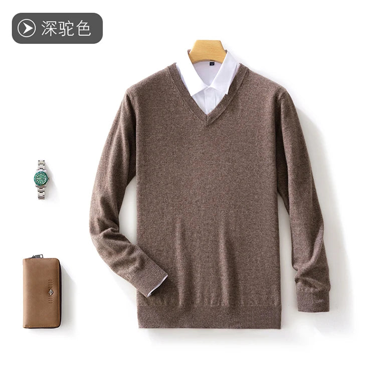 100% Merino Wool Men's V-Neck Pullover Autumn and Winter Basic Knit Versatile Sweater Casual Long Sleeve Shirt Cashmere Man Top