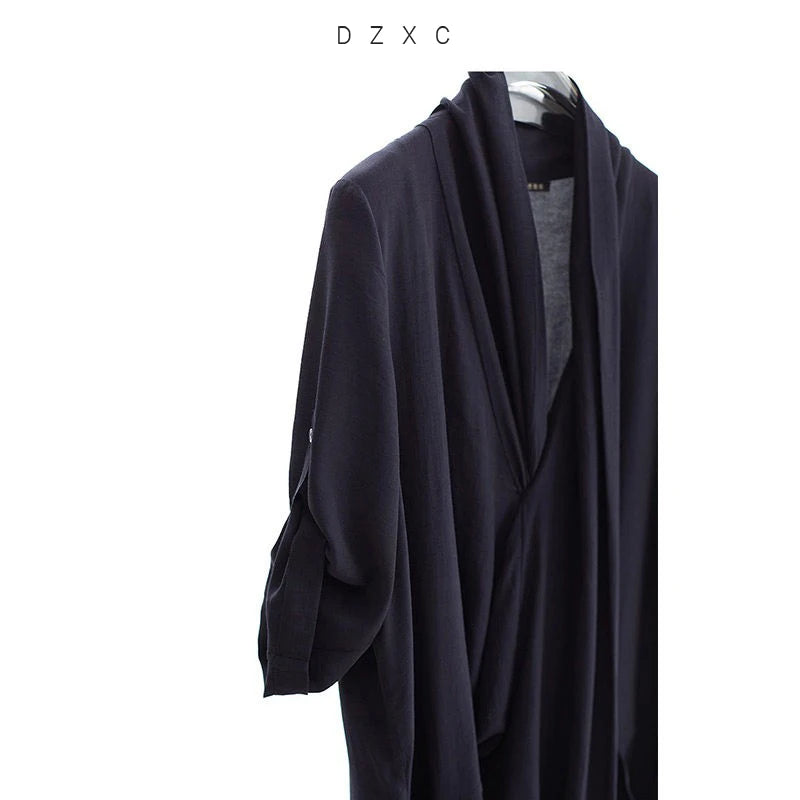 New Chinese-Style Dress~Draped Collar Navy Blue Pleated Dress, Summer Slimming and Elegant Long Dress for Women