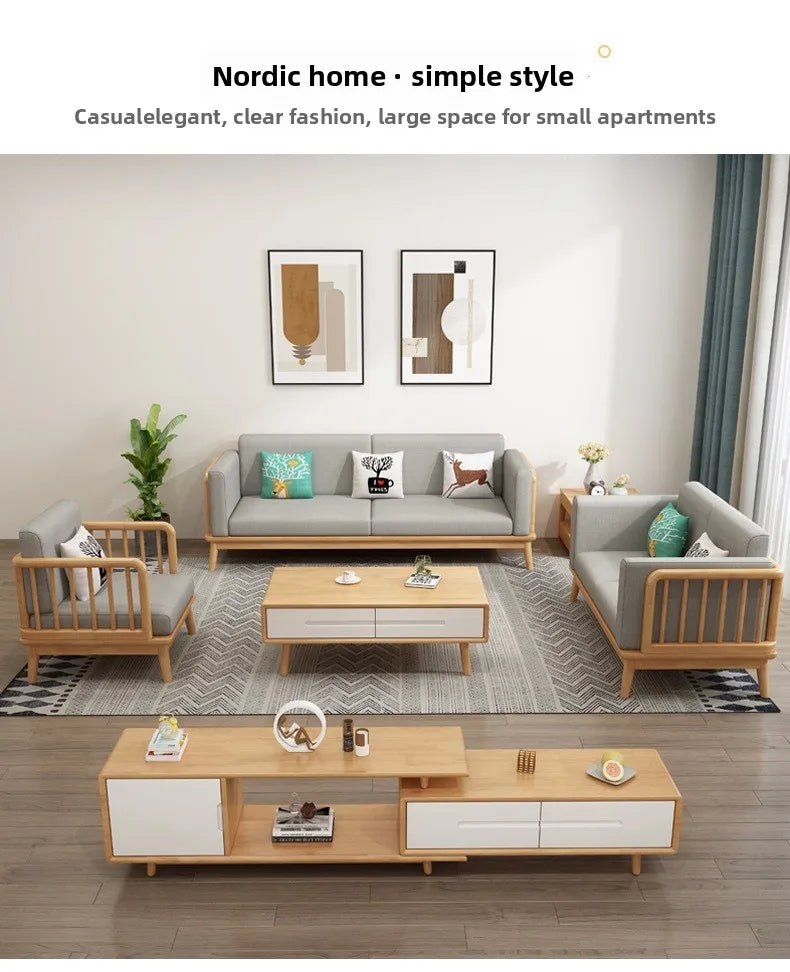 Solid wood fabric sofa Small apartment living room sofa combination Log wind Japanese sofa