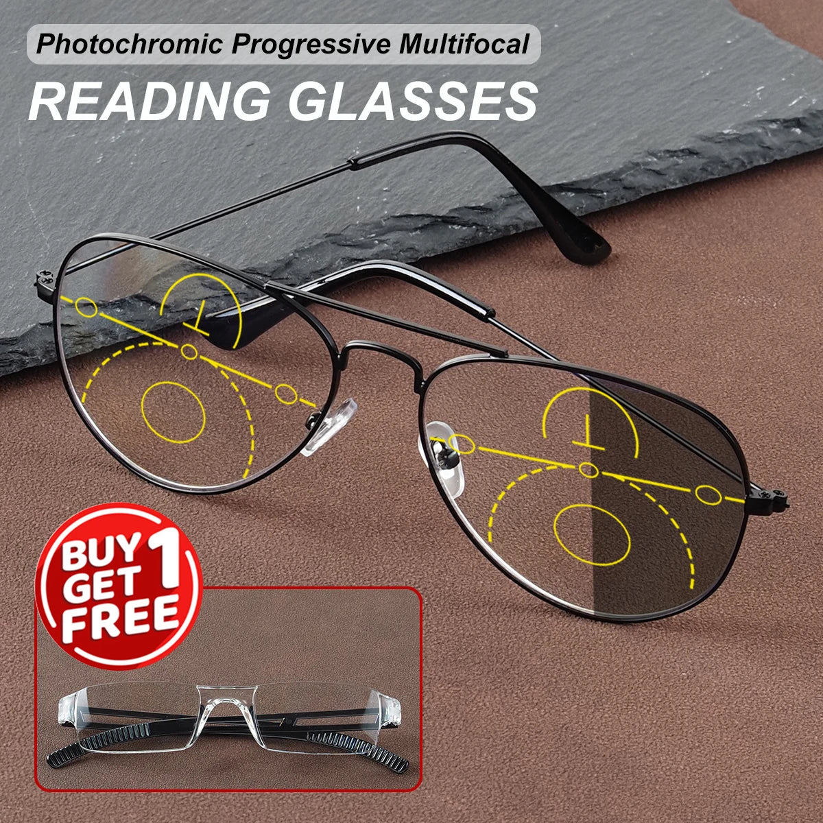 Photochromic, Progressive Multifocal Reading Glasses, Comes with 1 Free Integrated Presbyopic Glasses, Unisex Style.