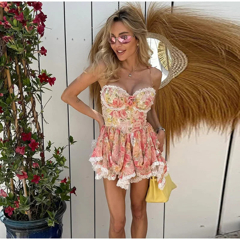 Sexy Print Spaghetti Strap Dresses Women's Sweet Sleeveless Backless Lace-up Puffy Mini Dress 2026 Summer Waist-cinching Gowns