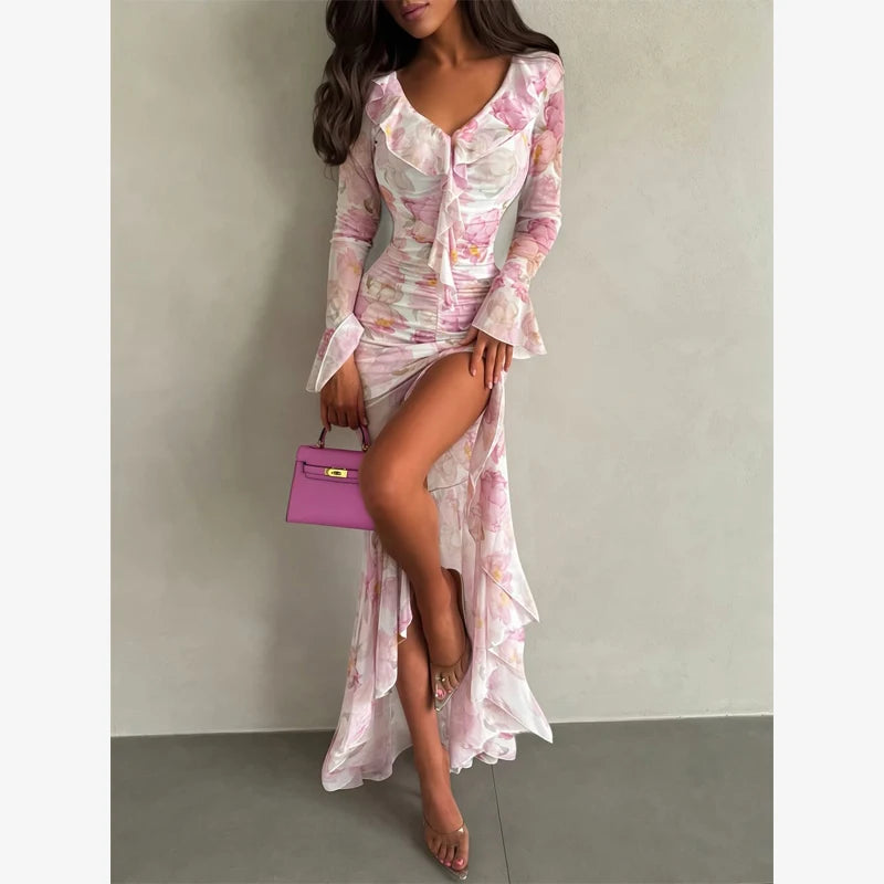 Women Floral Print Short Sleeve Maxi Dress Fashion V-neck Ruffle Trim Belted Slit Hem Dresses Casual Lady Daily Vacation Gowns
