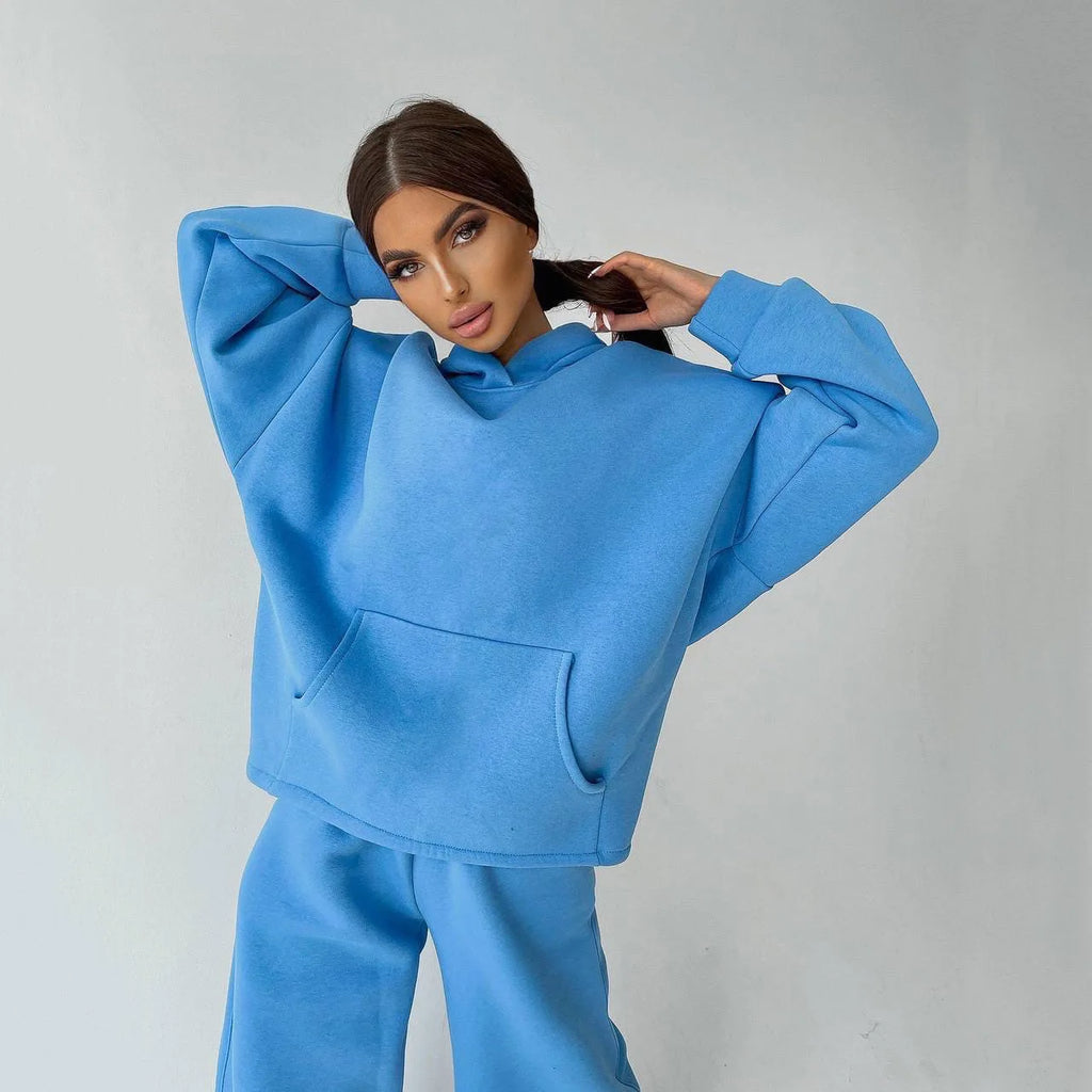 Woman's Solid Color Hooded Sweatshirt Pant Two-piece Set Fashion Long Sleeves Pocket Pullovers Pants Suits Ladies Loose Outfit