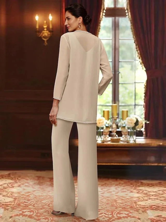 Pantsuit 3 Piece Mother of the Bride Dress Formal Wedding Guest V Neck Chiffon Lace Sleeveless with Beading Sequin 2024