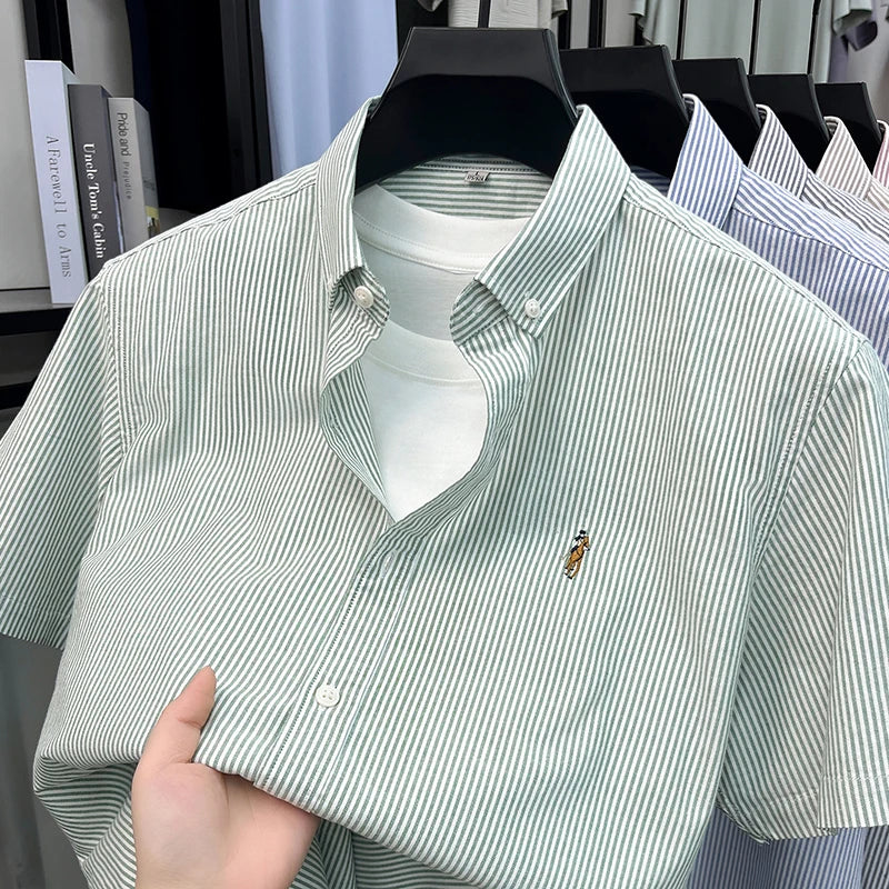 100% Pure Cotton Short Sleeved Shirt 2026 Summer New Men's Button Up Lapel Fine Stripe Middle-aged and Young Half Sleeved Shirt