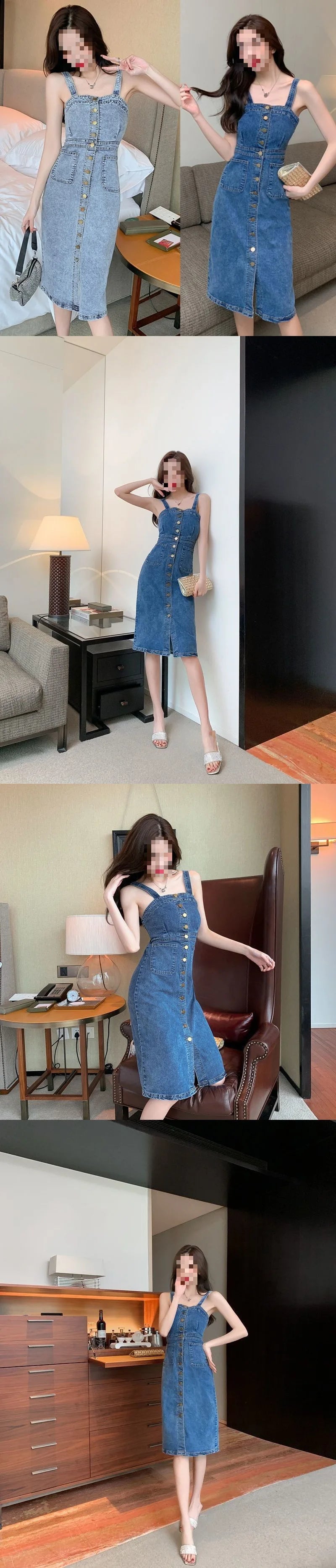Denim Dress Sexy Style New Arrival Ins Strap Waist Single Breasted Stitching Female Bodycon Midi Dresses Female Vestidos