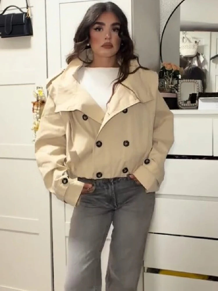 Trendy Stand Collar Cropped Jacket Fashion Double Breasted Long Sleeve Chic Commute Coat 2026 Autumn New Daily Casual Streetwear