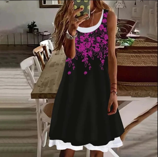 Woman Clothes Dresses Printed Sleeveless Knee-high U-neck Casual Soft and Comfortable Loose Floral Fake Two Pieces Female Dress