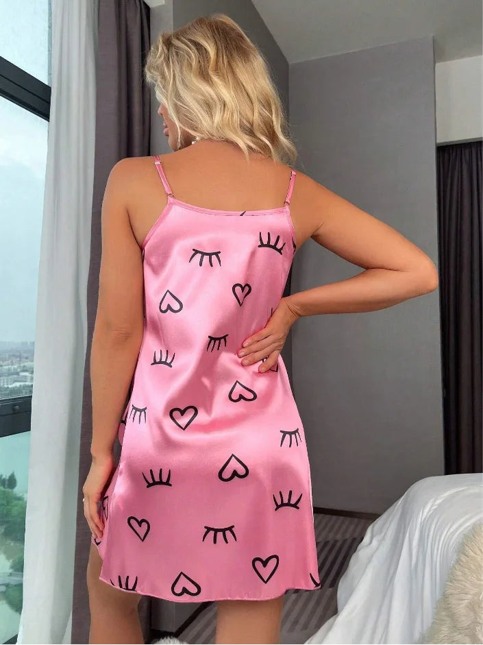 Sleepwear Women's Sexy Lingerie Heart Print Nightdress Scoop Neck Criss Cross Back Sleepdress Nightgowns Pajamas Nighties