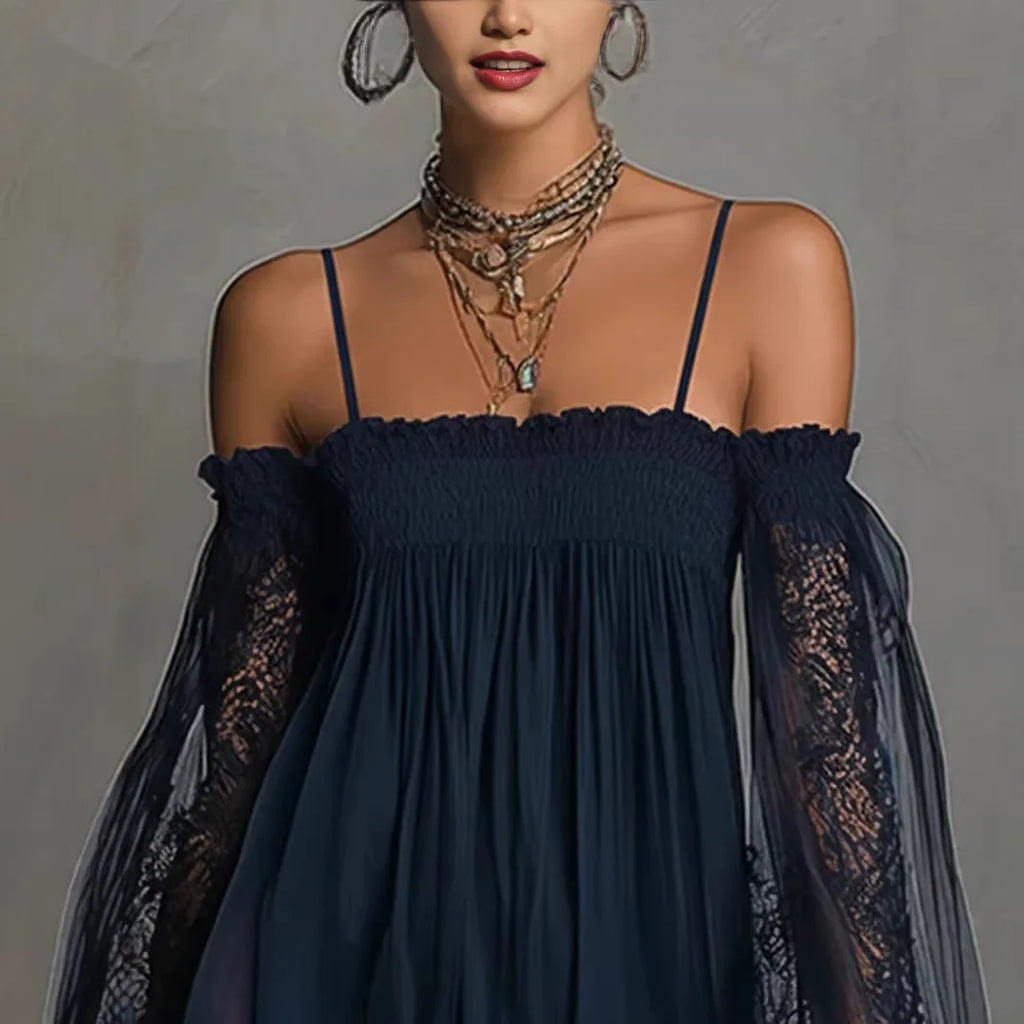 Off Shoulder Women Mini Dress Elegant Suspender Dress Summer Fashion Lace Sheer Long Falre Sleeve Party Evening Chic Dresses
