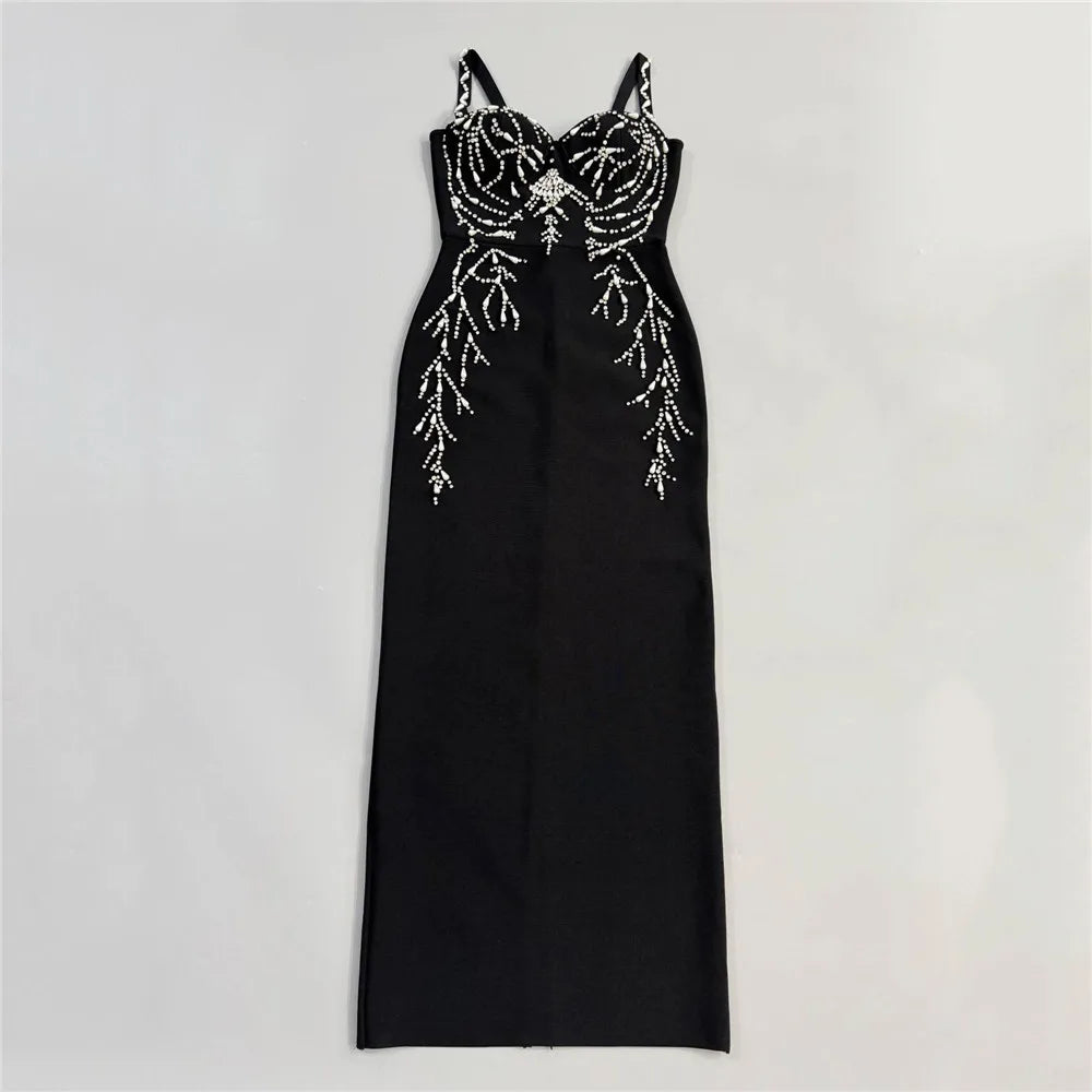 Women Elegant Beading Bandage Dress Spaghetti Strap Bodycon Clothes Club Party Evening Dresses