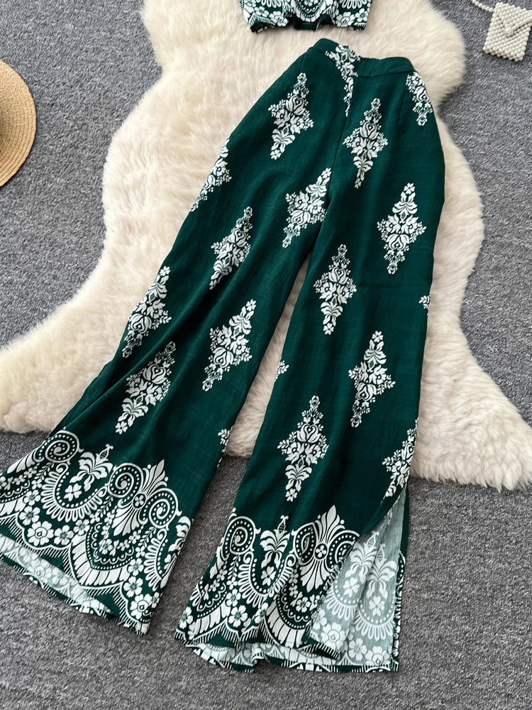Women's Summer Two Pieces Bohemian Vacation Printed Halter Neck Sleeveless Top High Waist Wide Leg Pants Two-piece Set TP044