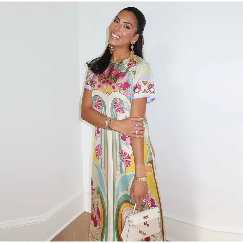 Printed Women's Dress Half Sleeve Round Neck Long Dress Tassel Hem Dress Daily Fashion Outfit Suitable for Date Party 2026