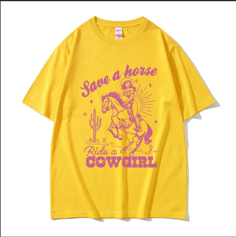 Save A Horse Ride A Cowgirl Print T Shirt Men Women Retro Aesthetic Fashion T-shirts Casual Oversized Cotton T-shirt Streetwear