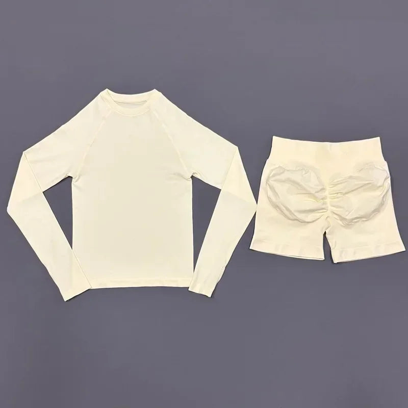 2 Piece Fitness Outfit Women Raglan Long Sleeve Crew Neck Top Hip Shaping Scrunch Shorts Stretch Soft Dance Gym Workout Set
