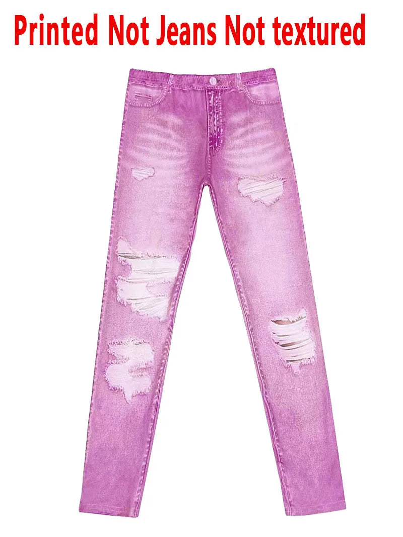 1278 [Printed Pants - Not Denim Fabric] Women's High-Stretch Imitation Denim Distressed Oversized Pants - Wide-Look for Skinny