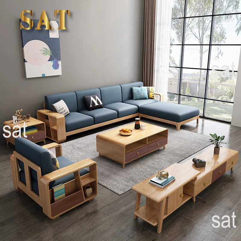 #Nordic Type Simple Modern Solid Wood Sofa Set Furniture Living Room Fabric Sectional Sofa