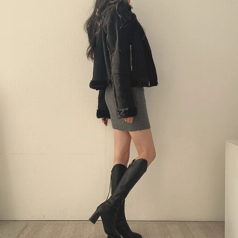 V-neck Knitted Slim Fit Stretchy Basic Long Sleeve Fall Casual Women Mini Dress