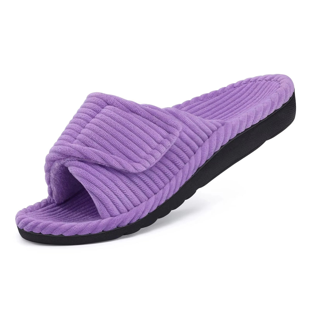 Smile Popcorn Adjustable Corduroy Slippers Women Open Toe Soft Plush Non‑Slip Indoor Bedroom House Slides