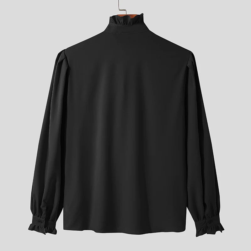 INCERUN 2024 Men Shirt Stand Collar Solid Color Ruffle Long Sleeve Casual Men Clothing Streetwear Elegant Fashion Camisas S-5XL