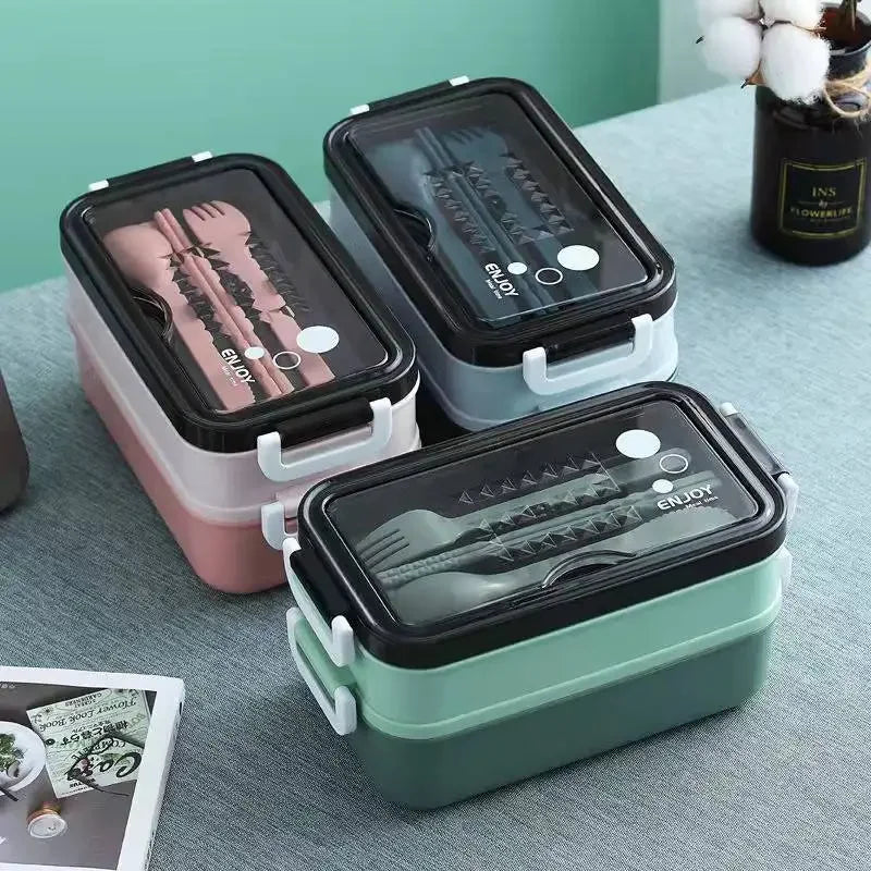 1Pc 1400ml Double-Layer Lunch Box, Portable Compartment Food Container, Microwave Safe with Fork, Chopsticks & Spoon for Picnic