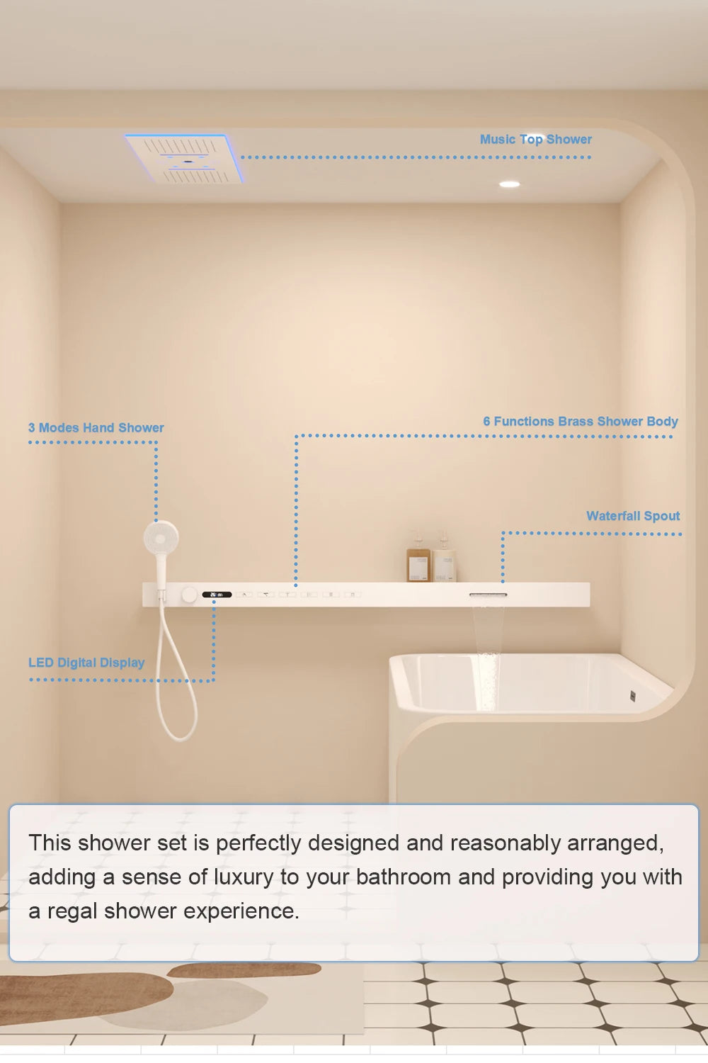 2026 Music Shower Head LED 1400mm Shower Body Waterfall Rainfall Thermostatic Bathroom Shower Set