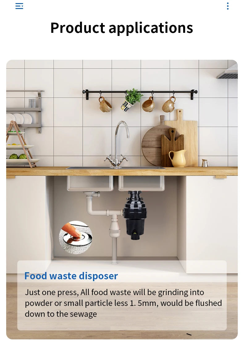 High Effective Kitchen Sink Garbage Disposal Food Waste Crusher Continuous Feed 1 HP Stainless Steel Grinding Chamber OEM ODM