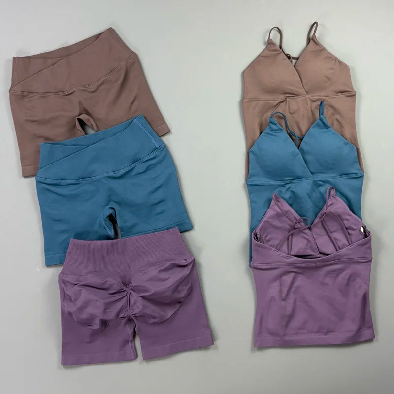 2Pcs Workout Shorts Set Women Cross Waist Scrunch Butt Shorts Tummy Control Racerback Tank Top Running Fitness Two Piece Suit