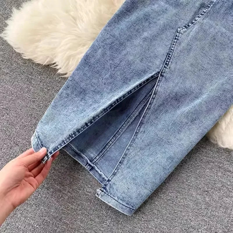 A New Hong Kong-style Sexy Denim Two-piece Set. Women's Summer Short Zipper Halter Vest High-waisted Denim Slit Half Body Skirt