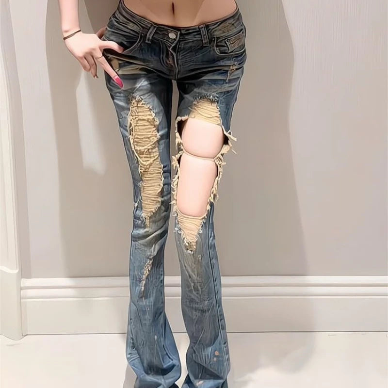 American Vintage Washed Distressed Jeans Full Length Women Streetwear Y2k Retro Low Rise Long Denim Pants Bodycon Hot Girl