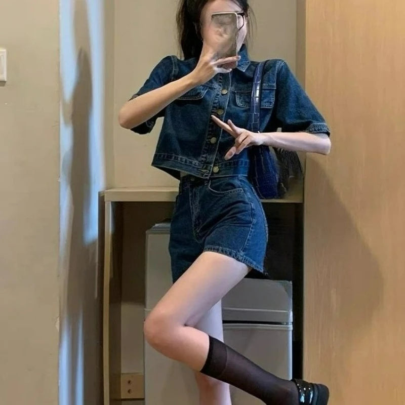 Denim Suit Women's Summer Small Sweet Cool Babes Foreign Style High-end Shorts Two-piece Suit Outside Niche Yet Refined in Style