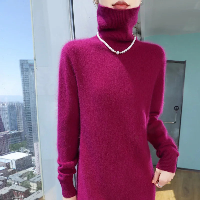 New Hot Selling 100% Mink Cashmere Knitted Women's High Neck Pullover Dress Sweater Slim Fit Solid Color Long Women's Dress