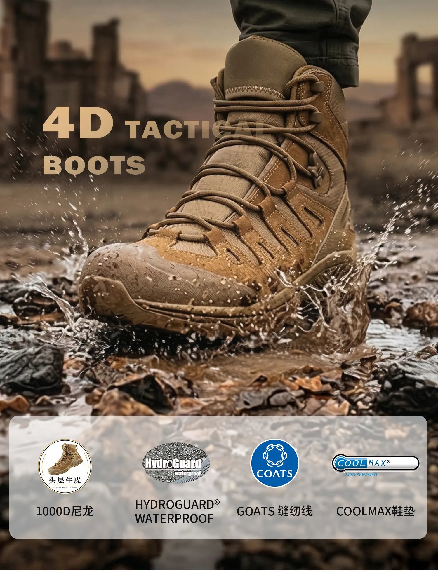 Men's Motorcycle Boots Waterproof  All Terrain Anti-slip Hiking Trekking Desert Combat 1000d Oxford Cloth Genuine Leather Boot