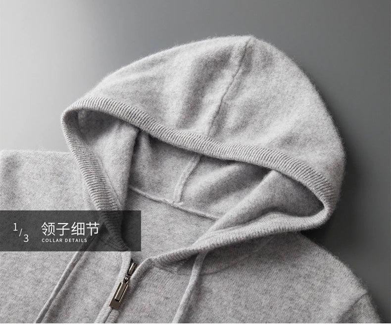 Hot Selling New Style Real Knitted Men's Cardigan Hooded Sweater Loose Full Sleeves Autumn and Winter Men's Pure Wool Sweater