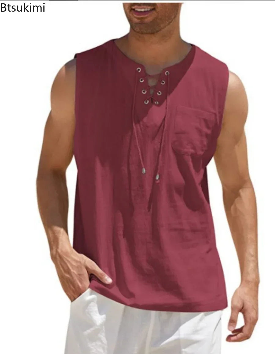 New 2026 Men's Casual Cotton Linen Tank Tops Men Drawstring V Neck Sleeveless Shirts Summer Casual Shirt Gym Fitness Vest Tops