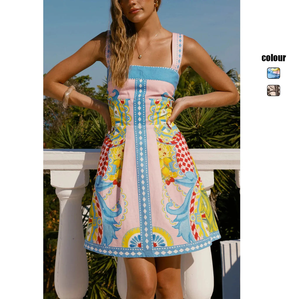 2026 Summer Fashion New Women's Elegant Design Printed Dress Strap Vacation Storm Simia Temperament Short A-line Dress