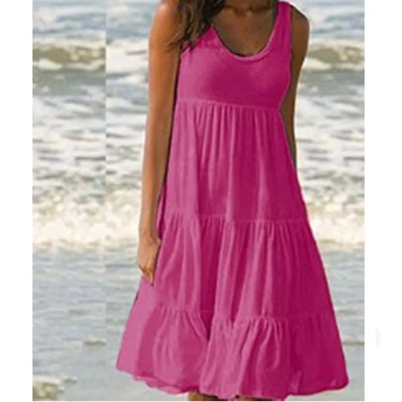 Bohemian Women's Casual O Neck Sleeveless Ruffle Mini Dress Solid Color Beach Tank Top Oversized Loose Dress Plus Size Women3029