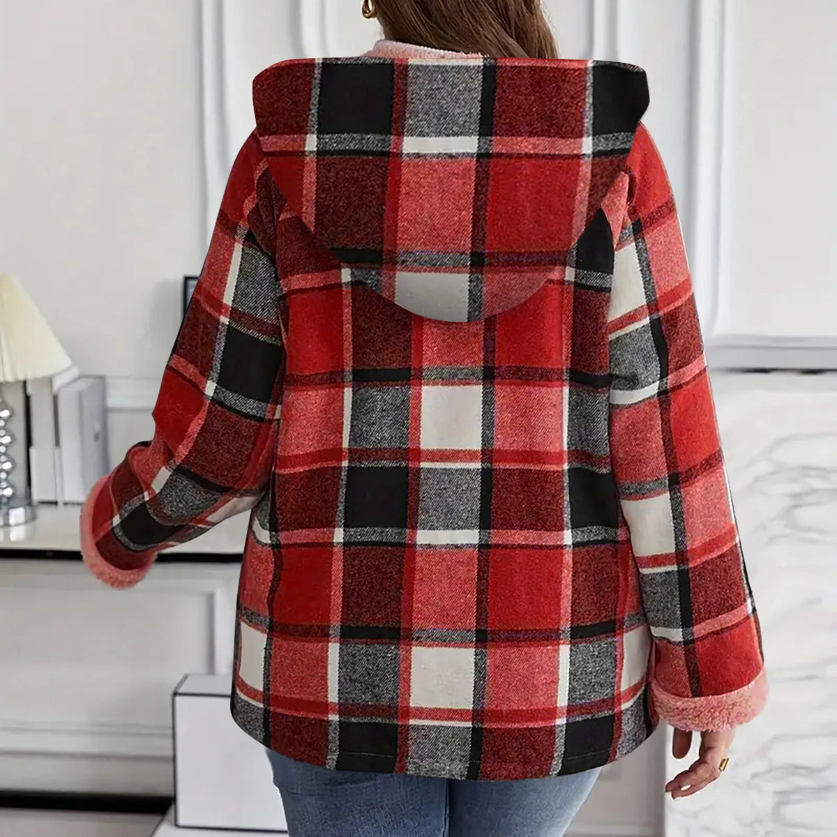 Women's Large Plaid Style Womens Jacket With Hooded Plaid Autumn And Winter Casual Loose Black White Plaid Coat Button Fall Top