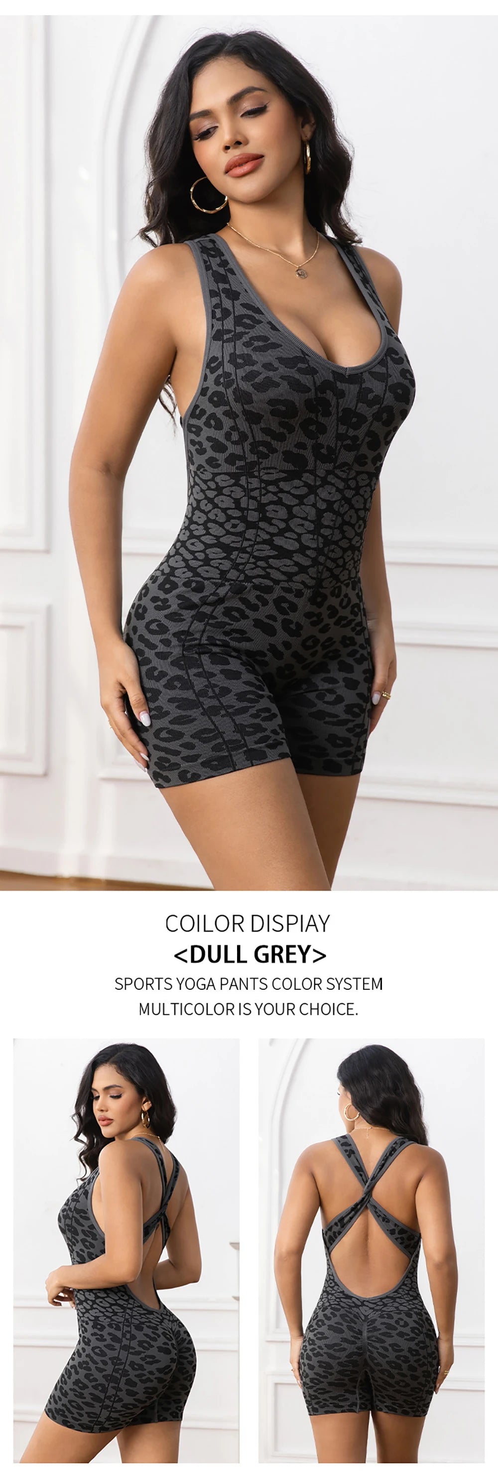 Leopard Print Workout Bodysuit Cross Open Back Athletic Rompers Sleeveless Yoga Jumpsuit Sculpting Body Shaper for Gym Pilates