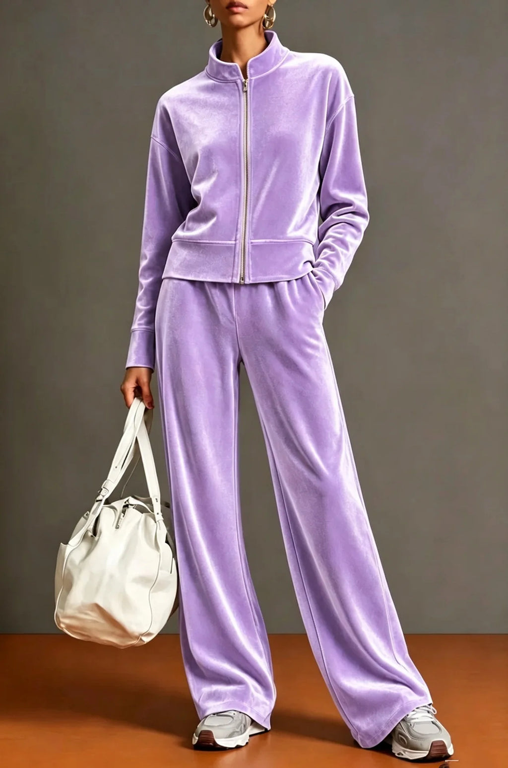 Women Solid Color Velvet 2 Piece Set Stand Collar Full Zip Jacket Wide Leg Pant Casual Sport Matching Outfit Autumn Winter Set