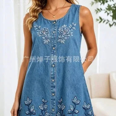 Women's Casual Summer Sleeveless Loose Fit Round Neck Pull On 3D Print Mid Length Dress for Women Beach Hiking Camping Outfits