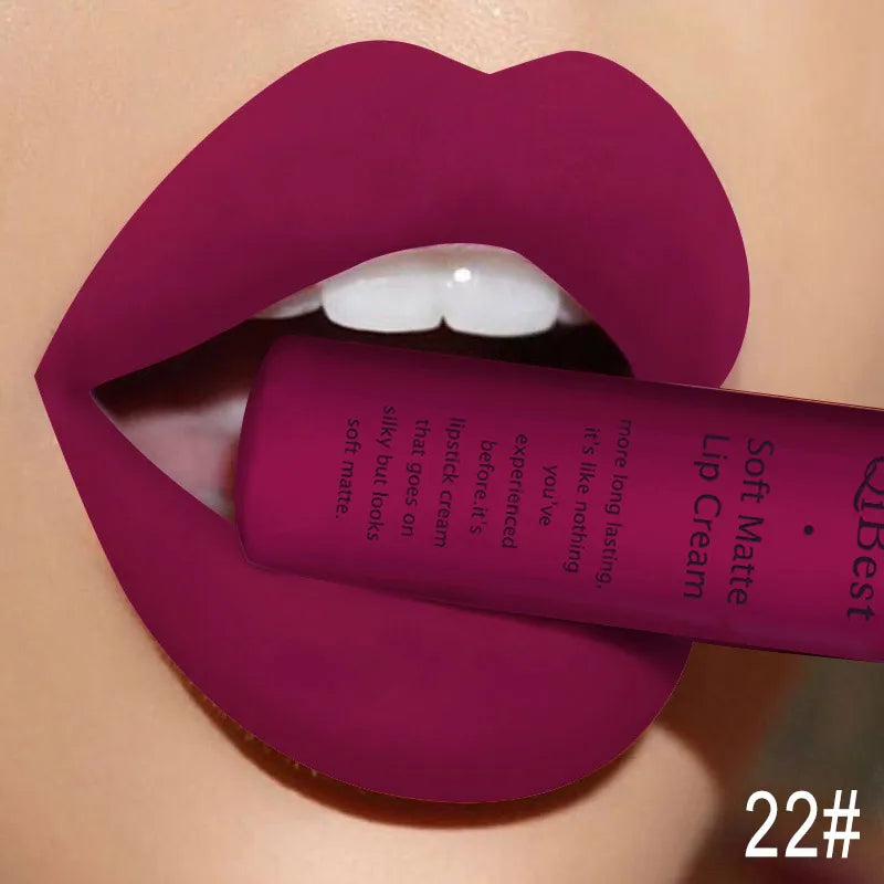 QIBEST Velvet Matte Nude Liquid Lipstick Makeup Sexy Red Lipgloss Waterproof Long-lasting Purple Black Orange Lip Stain Cosmetic