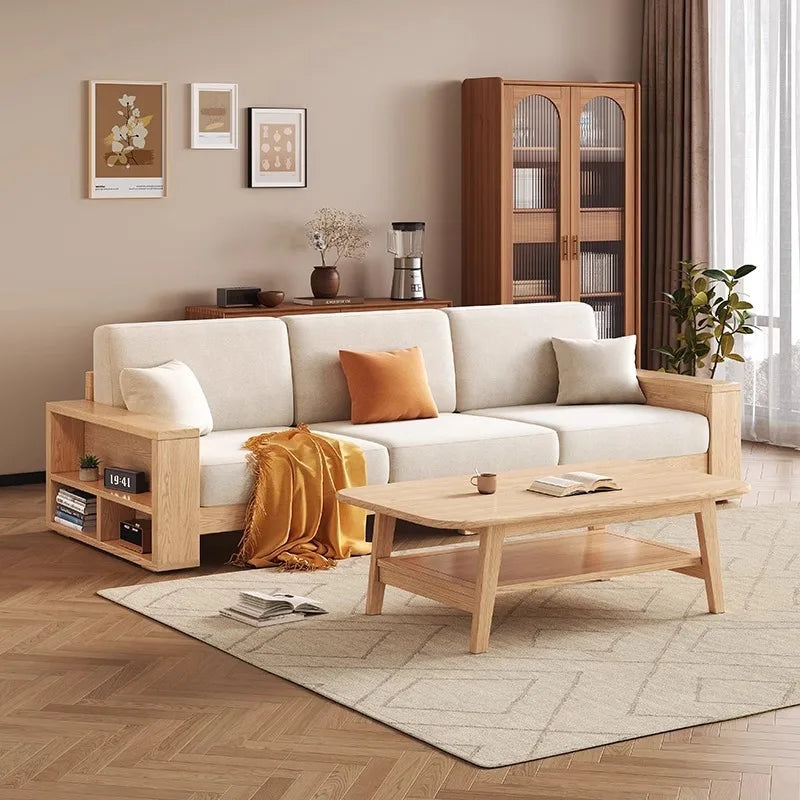 White wax solid wood sofa combination, small apartment winter and summer modern living room dual-use